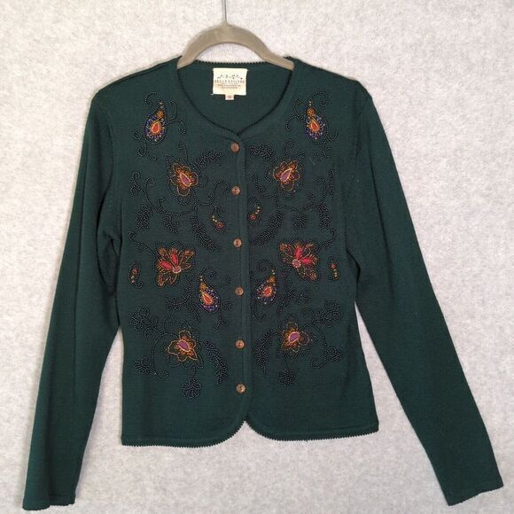Susan Bristol Vintage Hand embroidered Green Floral Paisley Cardigan Small Retro - Picture 2 of 7
